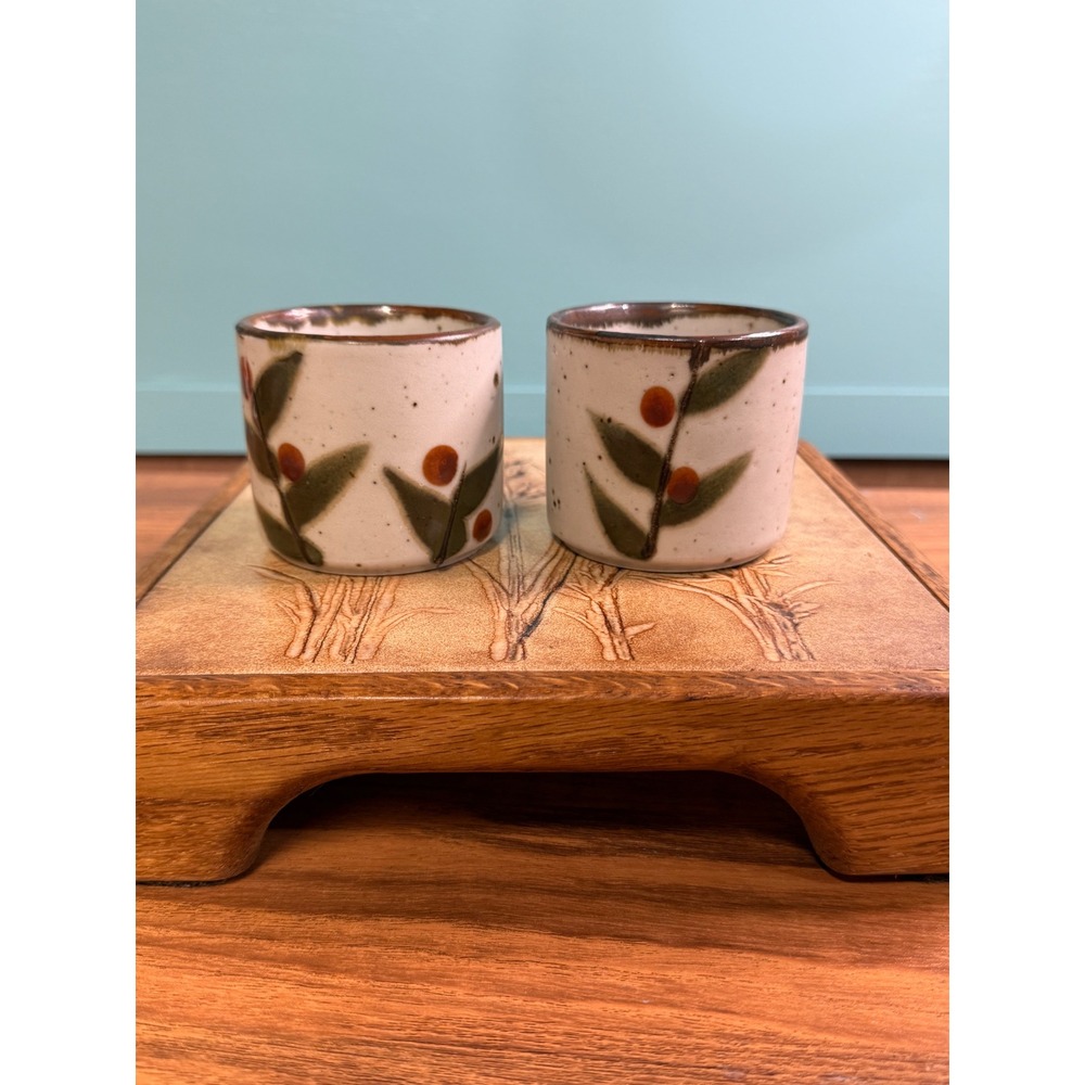 Vintage Hand Painted Ceramic Sake Cups Set of 2 Botanical Berry Stoneware Tea
